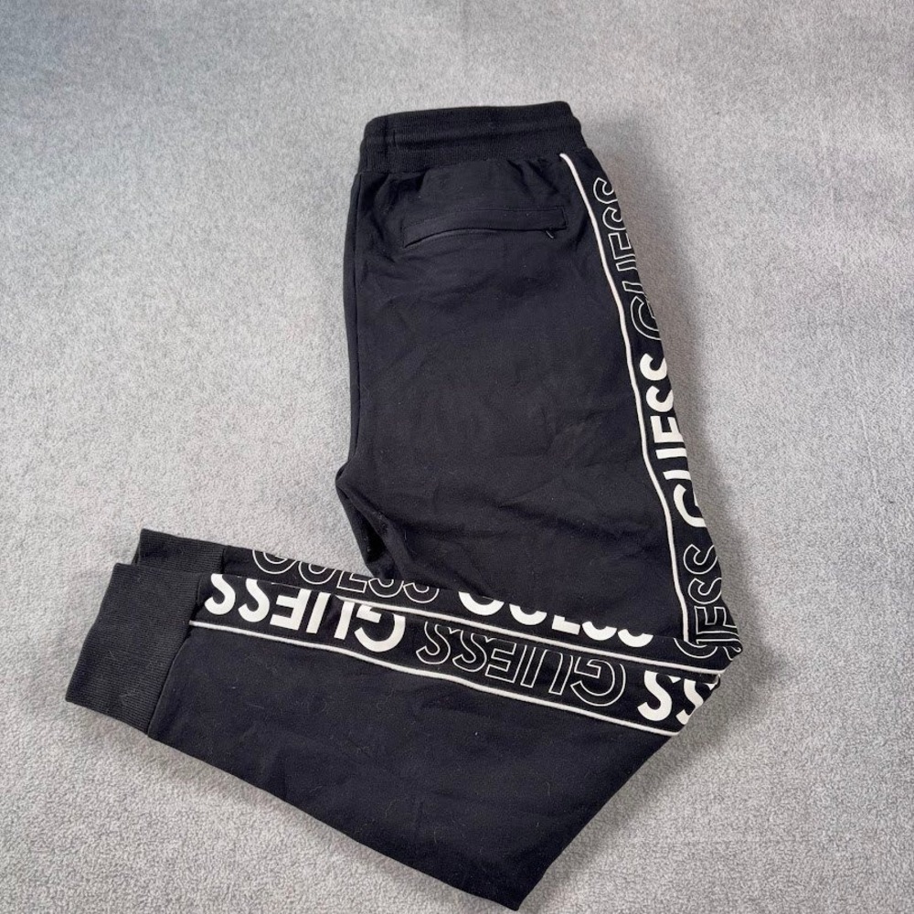 Guess Jogger Sweatpants Mens S Black Solid Logo Tape Side Stripe Drawstring